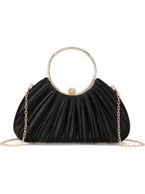 〽️Women's Black Clutch Purse For Elegant Satin Pleated Top Handle Evening Bag